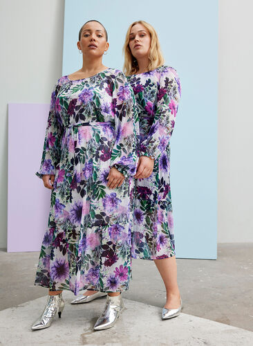 Midi-jurk met bloemenprint en lange mouwen, Purple Flower mix, Image image number 0