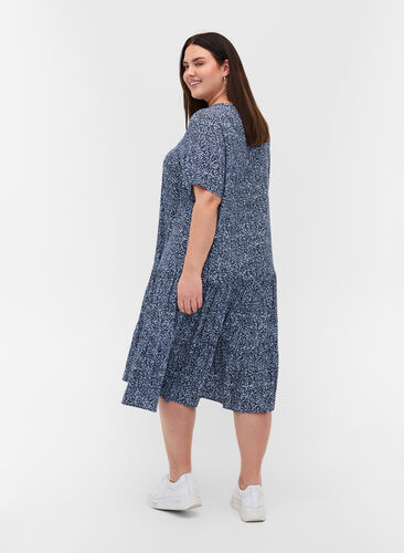 Viscose jurk met print en korte mouwen, Blue Flower Mix, Model image number 1