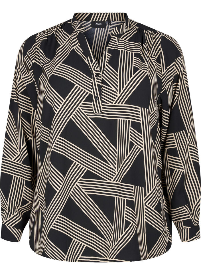 Blouse met lange mouwen en V-hals, BLACK BEIGE GRAPHIC, Packshot image number 0