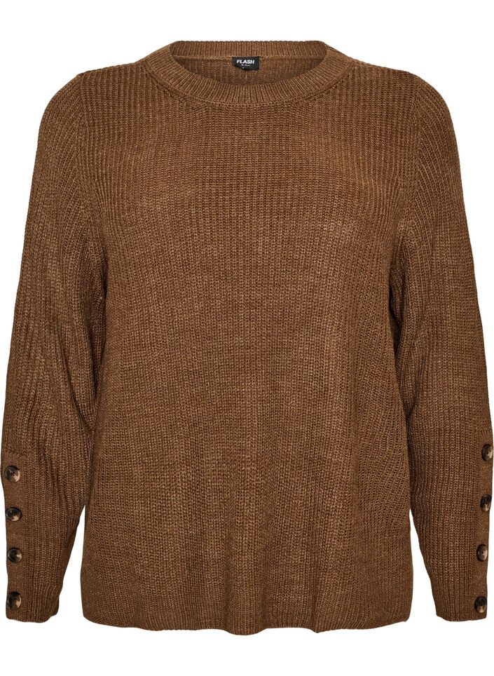 Gebreide blouse met ribstructuur en knoopdetails, Bruin, Packshot image number 0