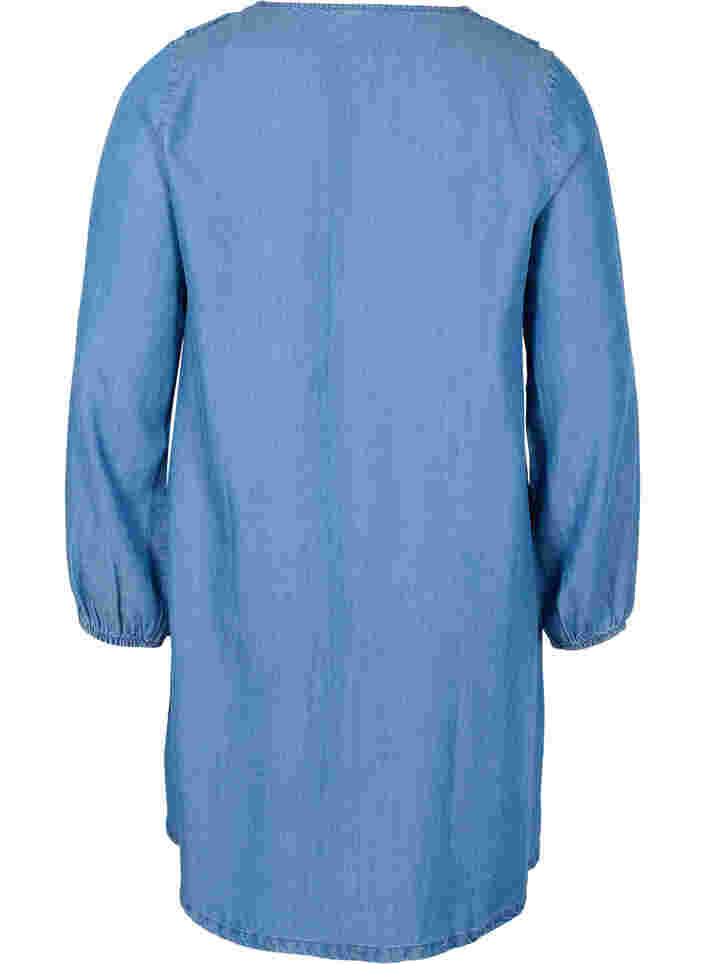 Denim jurk met v-hals en ruches, Blue denim, Packshot image number 1