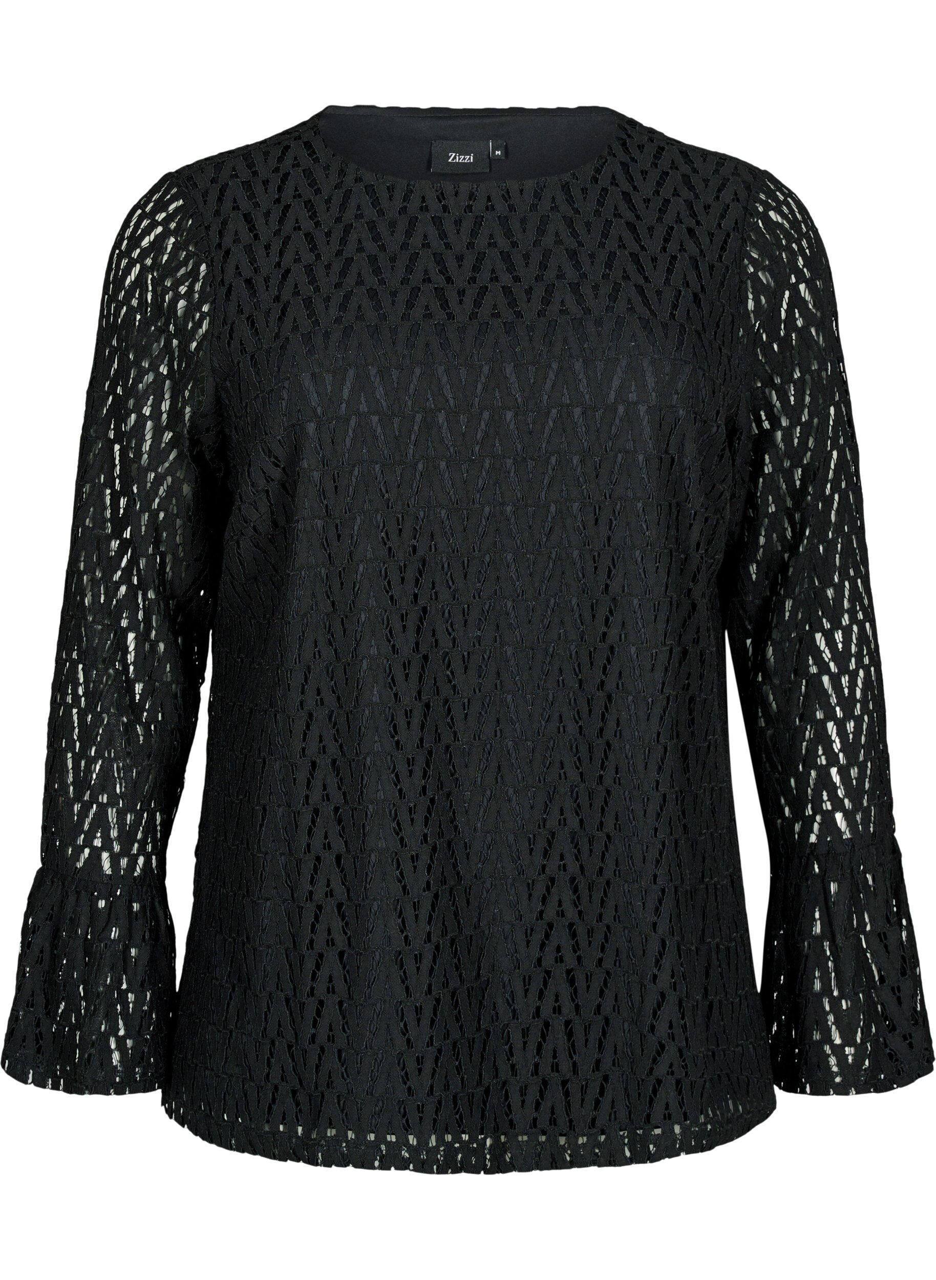 Zizzi Kanten blouse met geruffelde mouwen, Black, Packshot image number 0