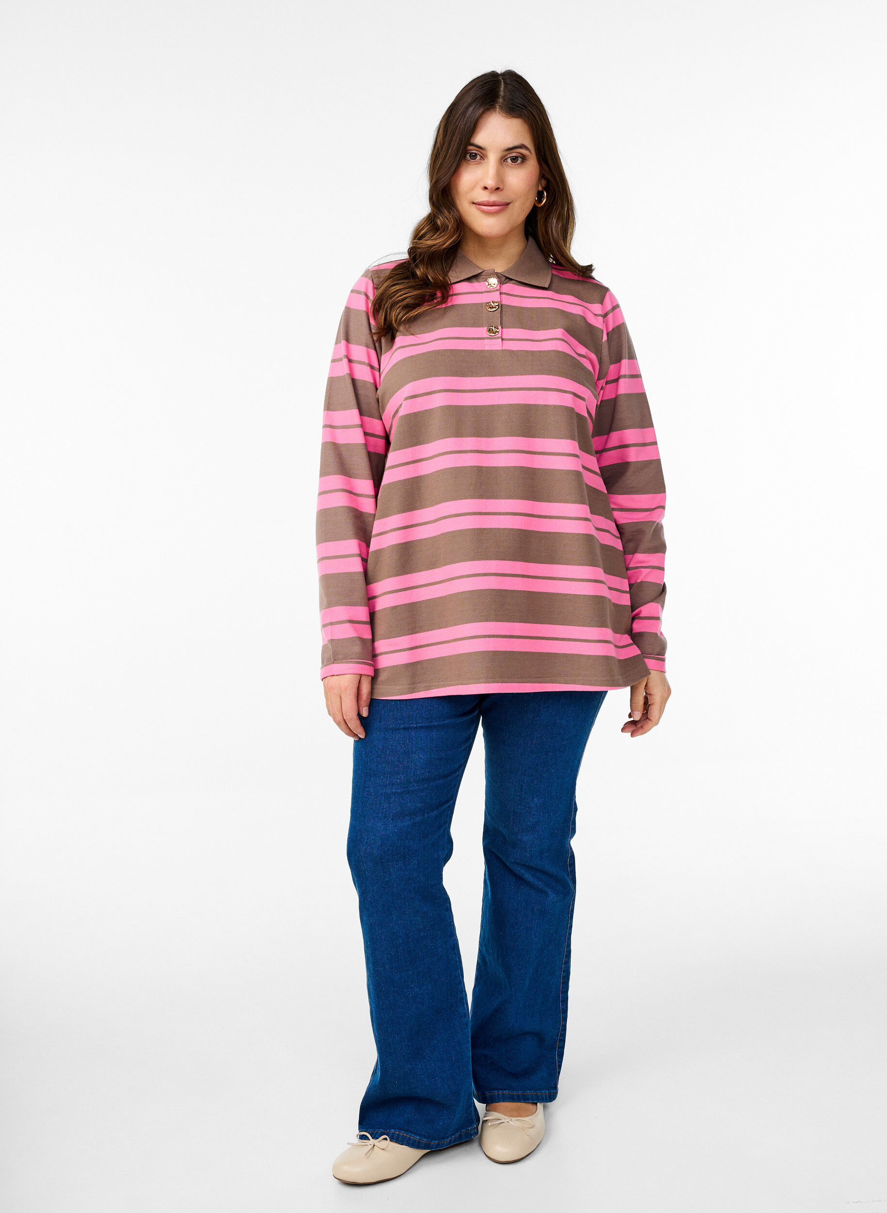 Zizzi Gestreepte polo met lange mouwen, Roze, Model image number 1