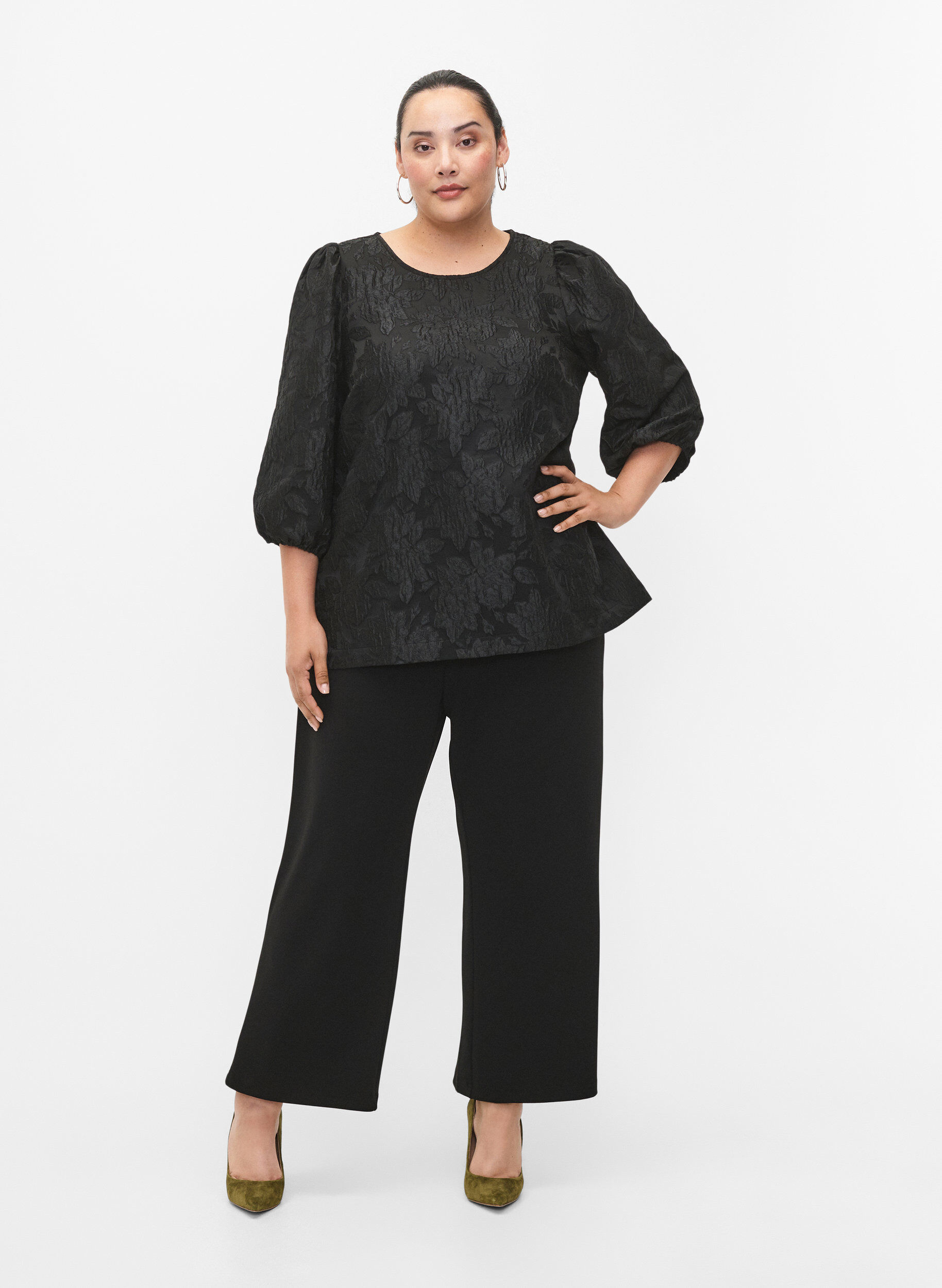 Zizzi Jacquard blouse met 3/4 mouwen, Black, Model image number 2