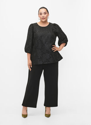 Jacquard blouse met 3/4 mouwen, Black, Model image number 2