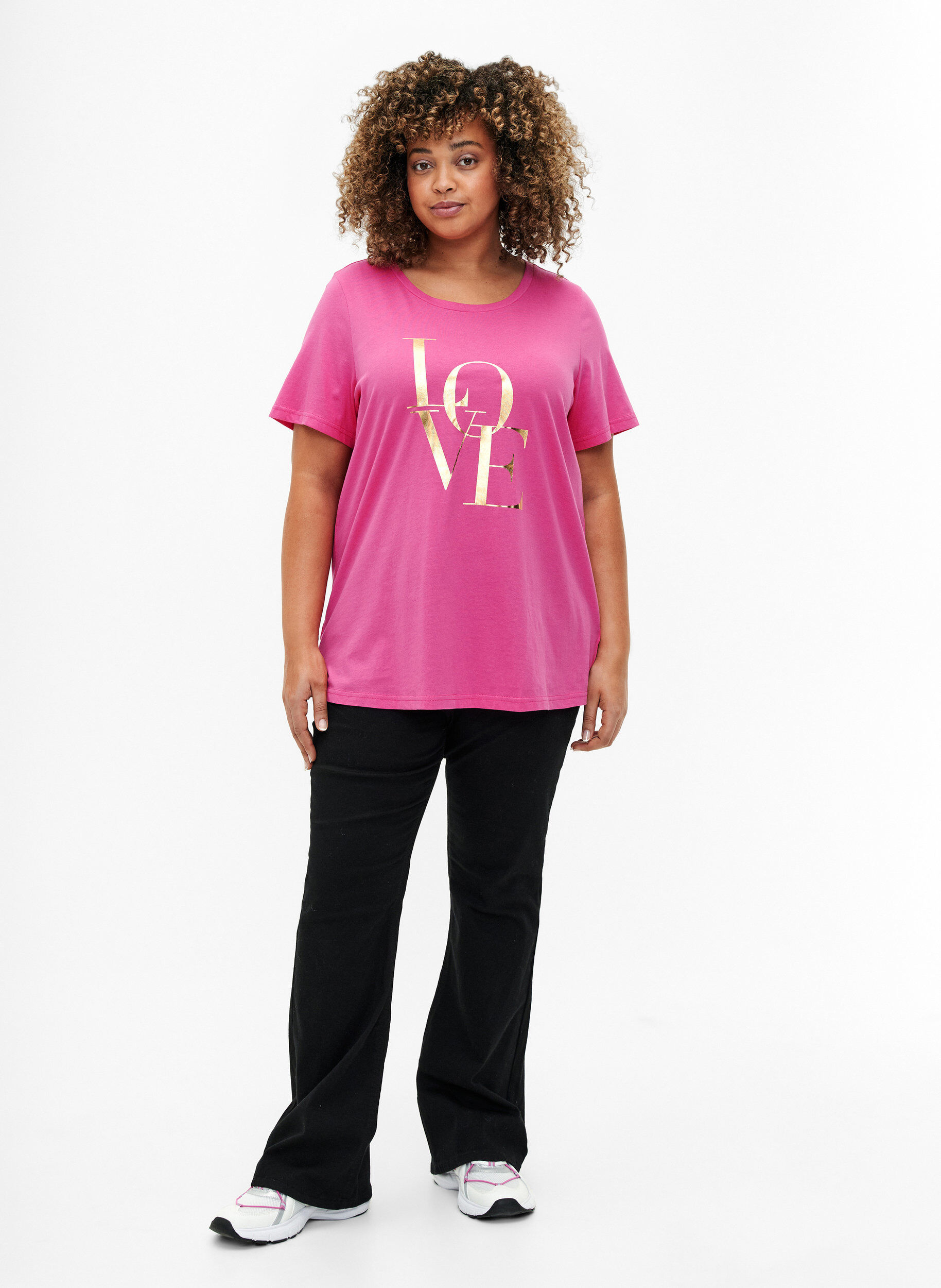 Zizzi Katoenen T-shirt met goudkleurige tekst, R.Sorbet w.Gold Love, Model image number 2