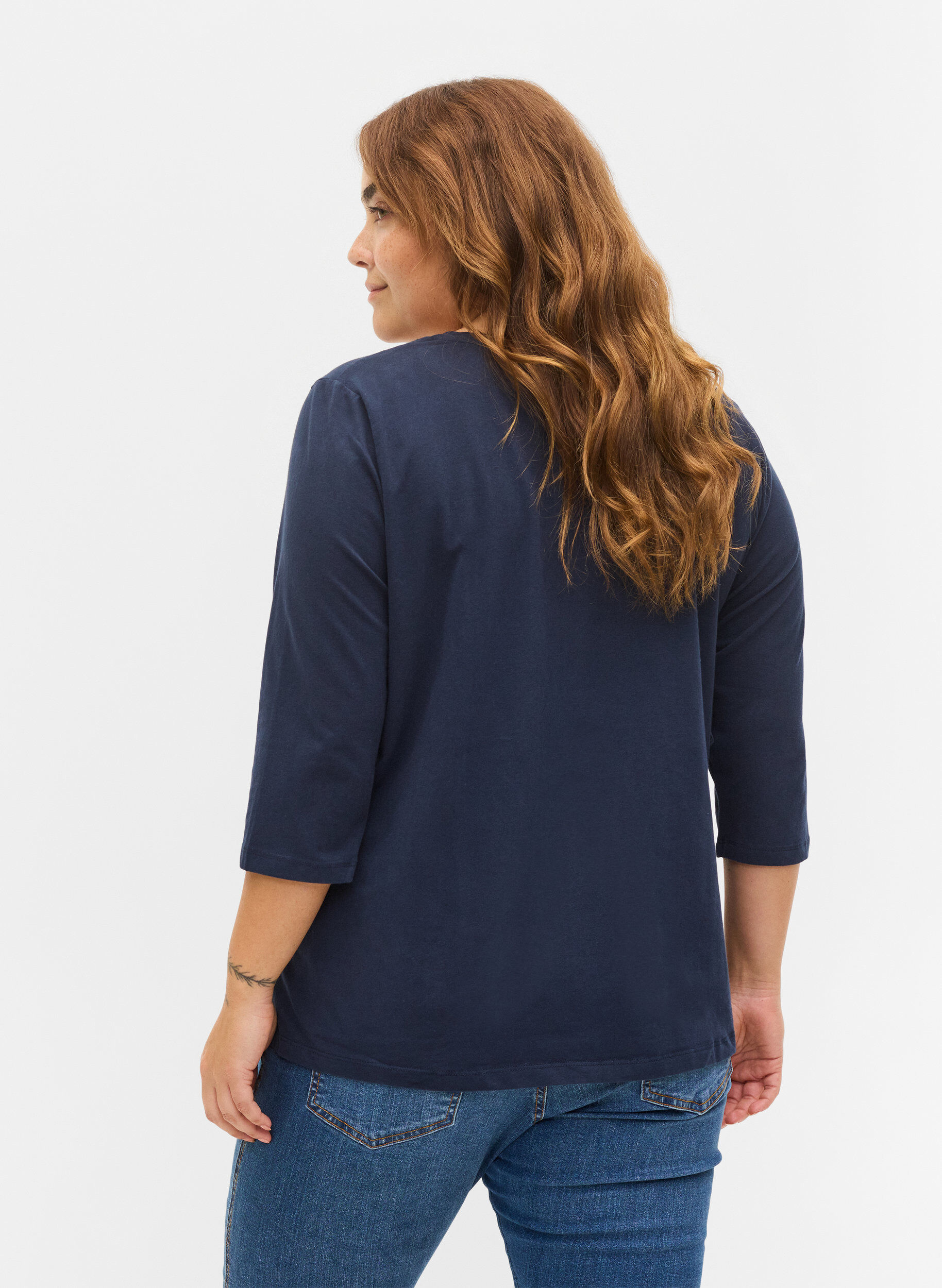 Zizzi Basic katoenen t-shirt met 3/4 mouwen, Blauw, Model image number 2