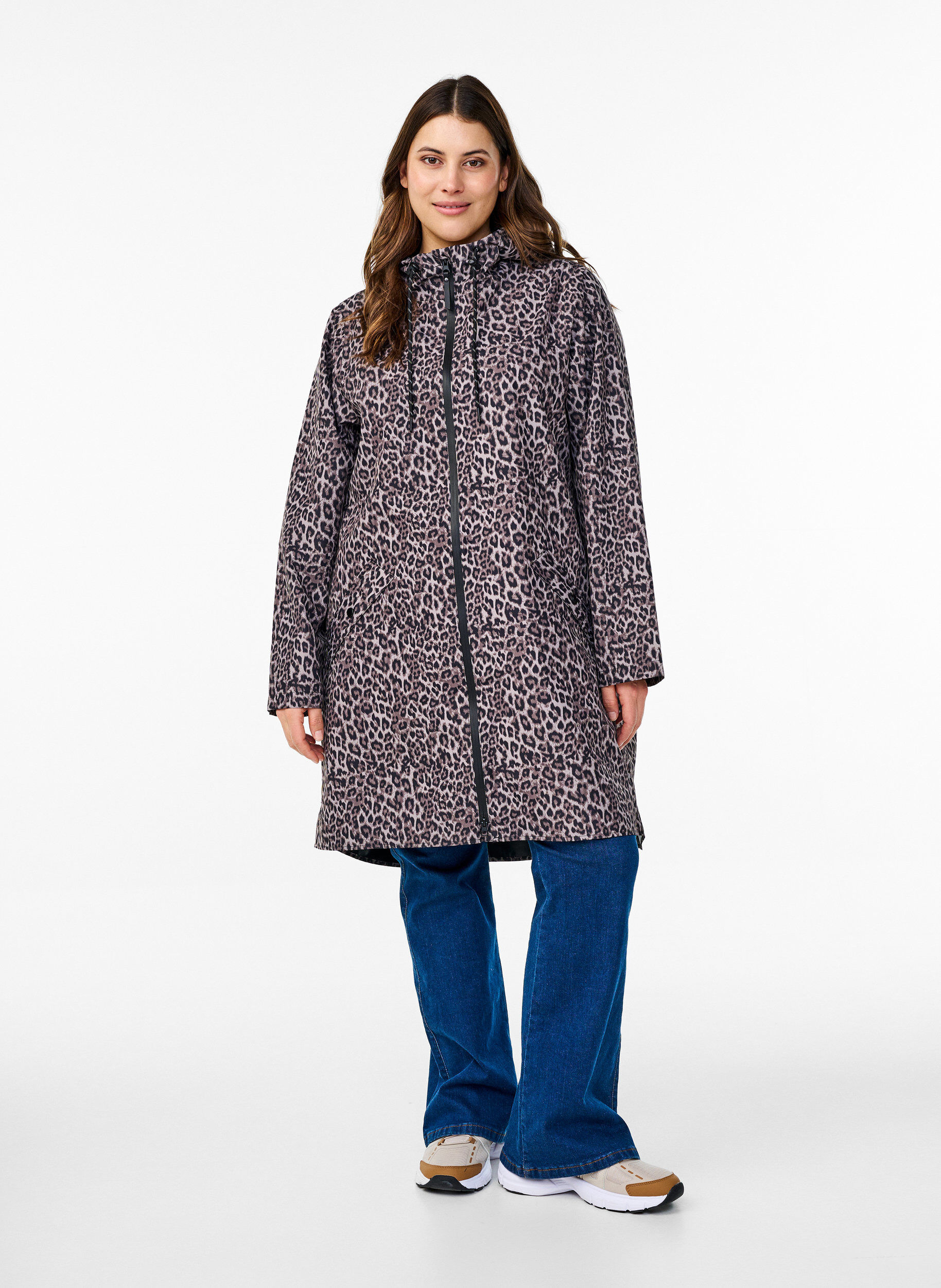 Zizzi Regenjas met zakken en capuchon, Bruin, Model image number 1