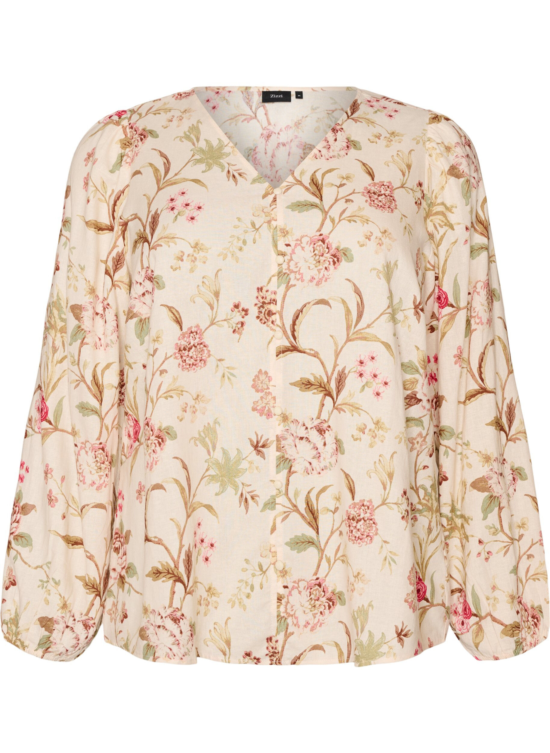 ZizziGebloemde blouse van linnen en viscose met lange mouwen, Vanille, Packshot image number 0