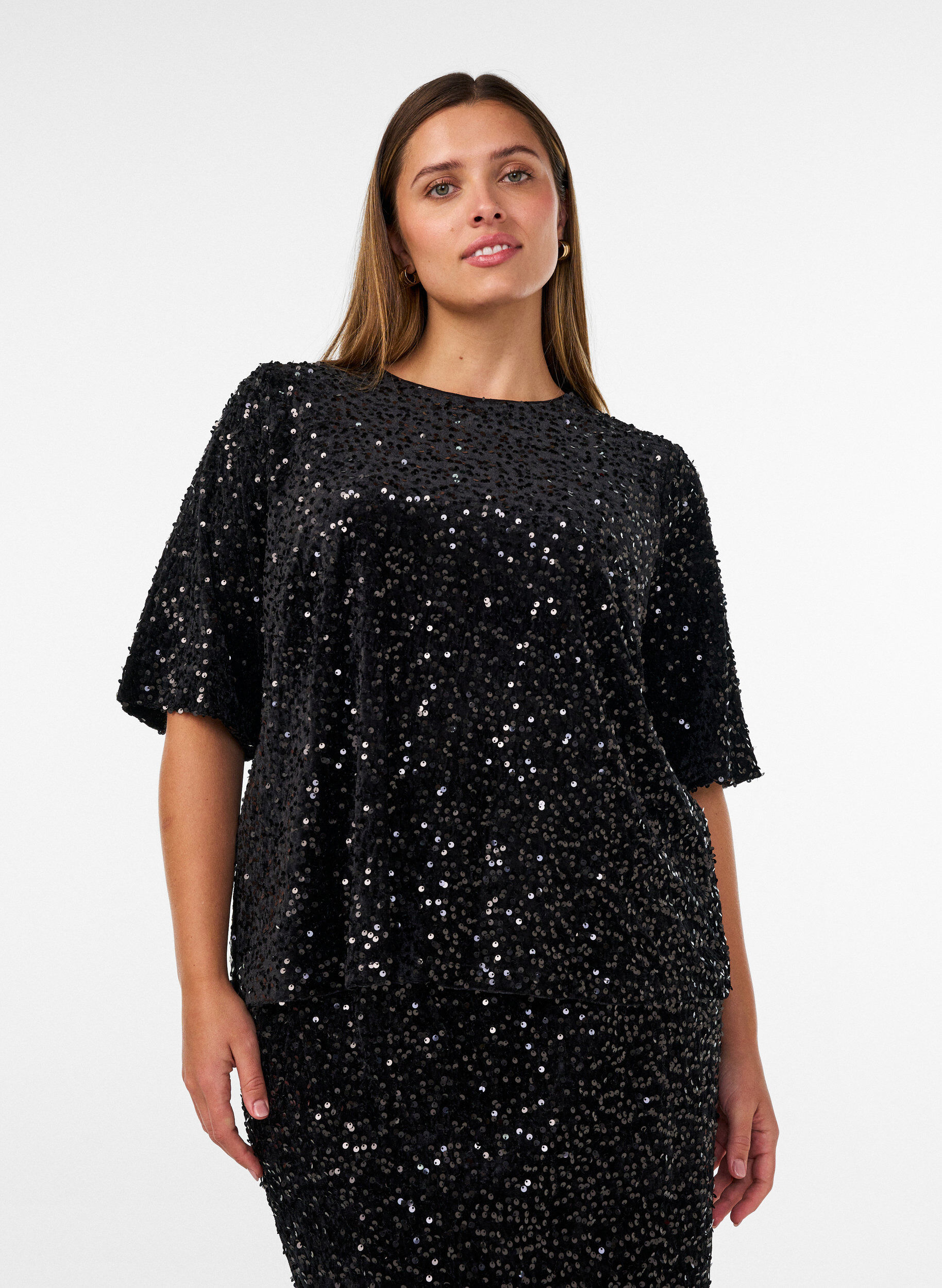Paillettenblouse met mouwen tot de elleboog, Zwart, Model