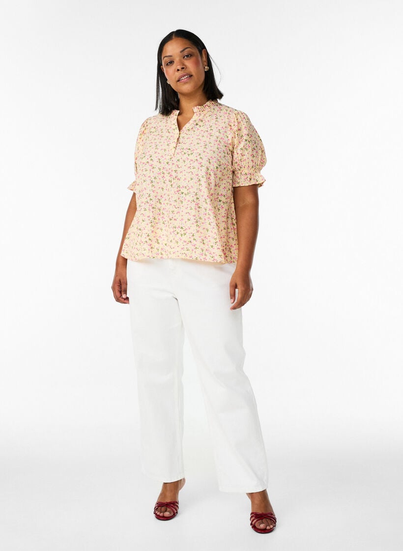 Viscose bloemenblouse met korte mouwen en een rucheskraag, Geel, Model image number 1