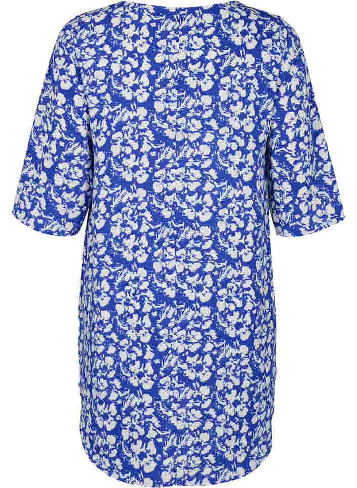 Bedrukte jurk met 3/4 mouwen, Blue White Flower, Packshot image number 1