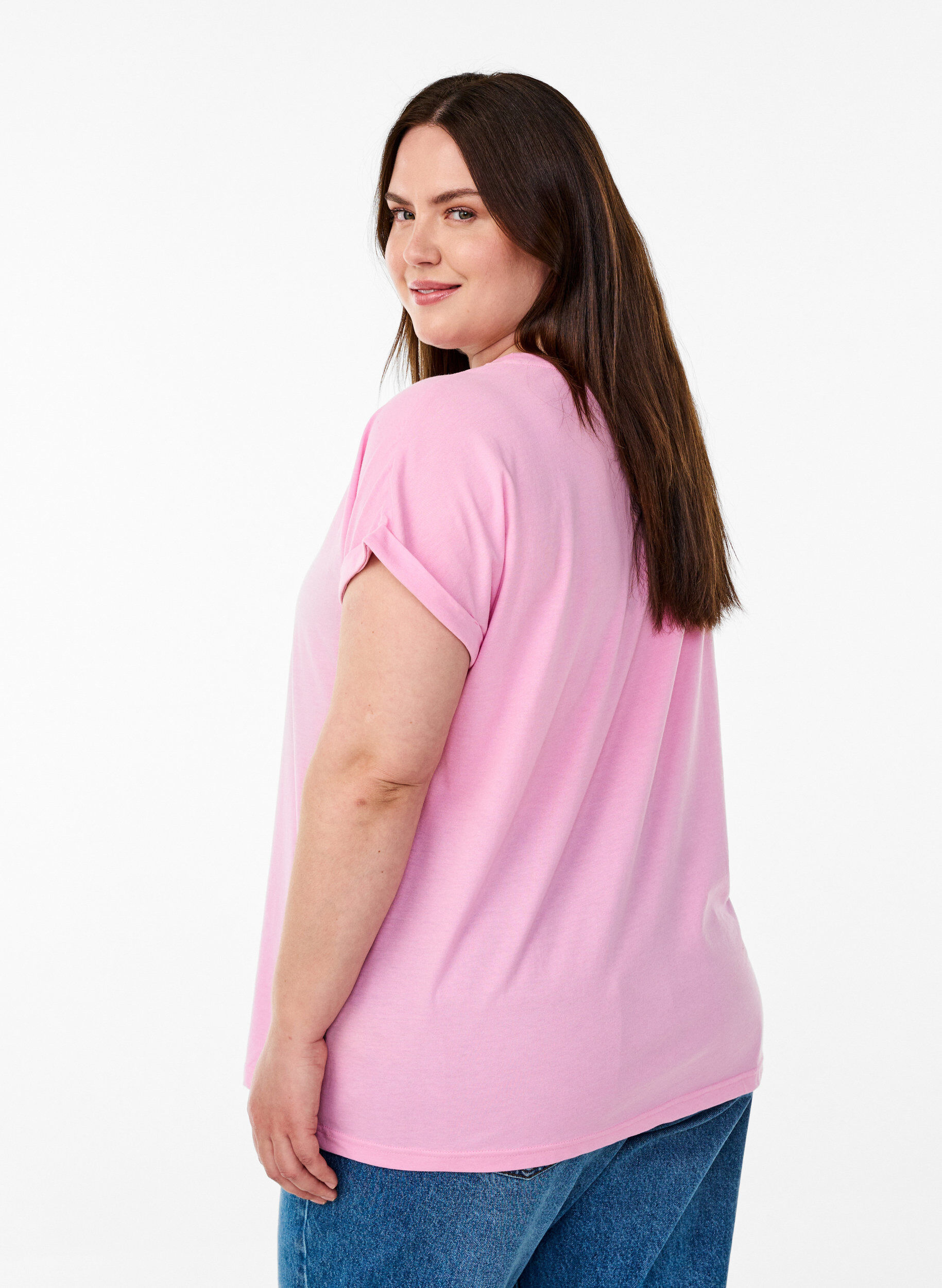 Zizzi T-shirt met korte mouwen van katoenmix, Roze, Model image number 2