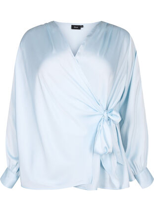 Feestelijke blouse van satijn met overslag, Delicate Blue, Packshot image number 0