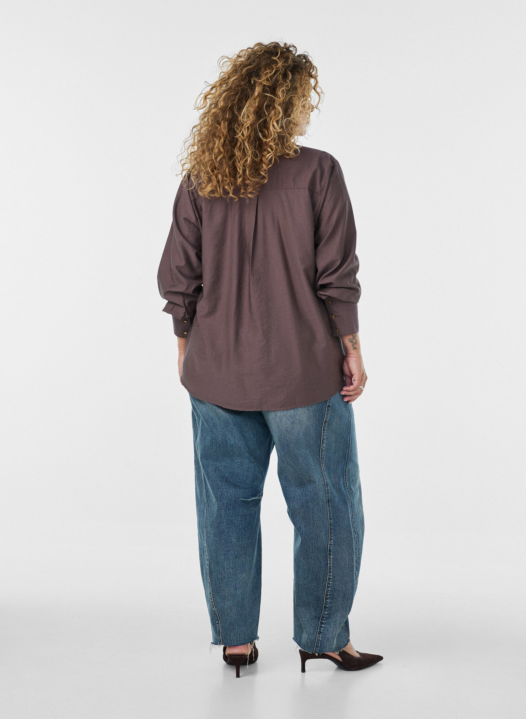 ZizziViscose shirt met gouden knopen, Bruin, Model image number 2