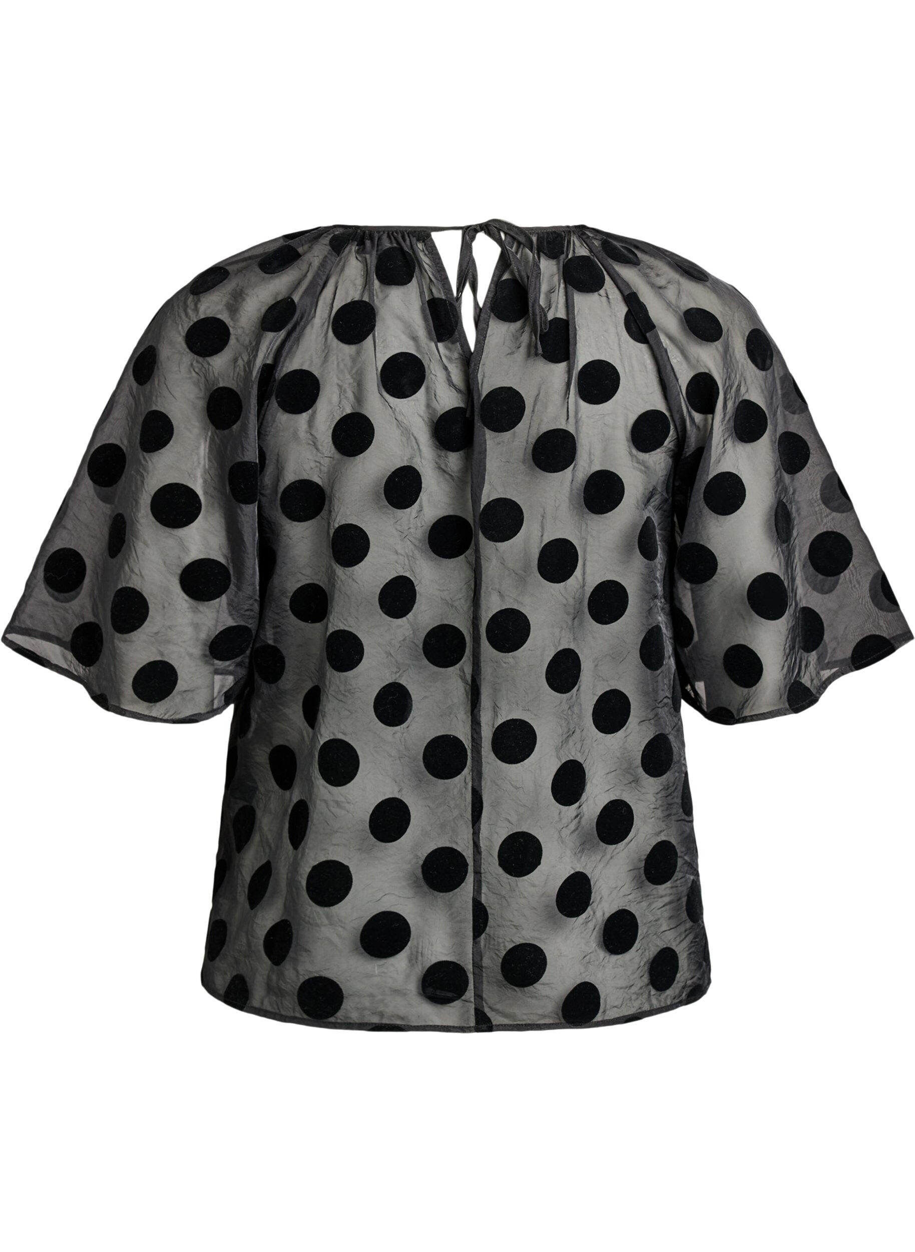 Zizzi Partyblouse in organza-look met fluwelen stippen, Zwart, Packshot image number 1