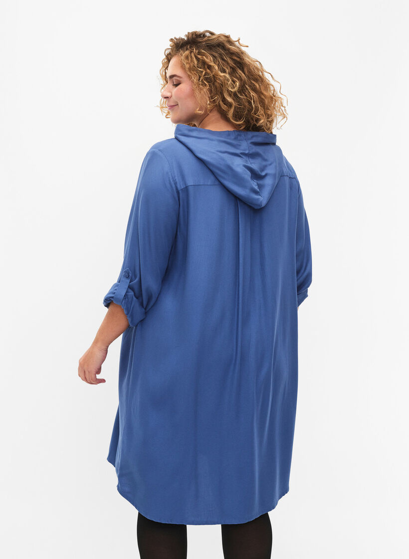 Overhemdjurk van viscose met capuchon en 3/4 mouwen, Moonlight Blue, Model image number 1