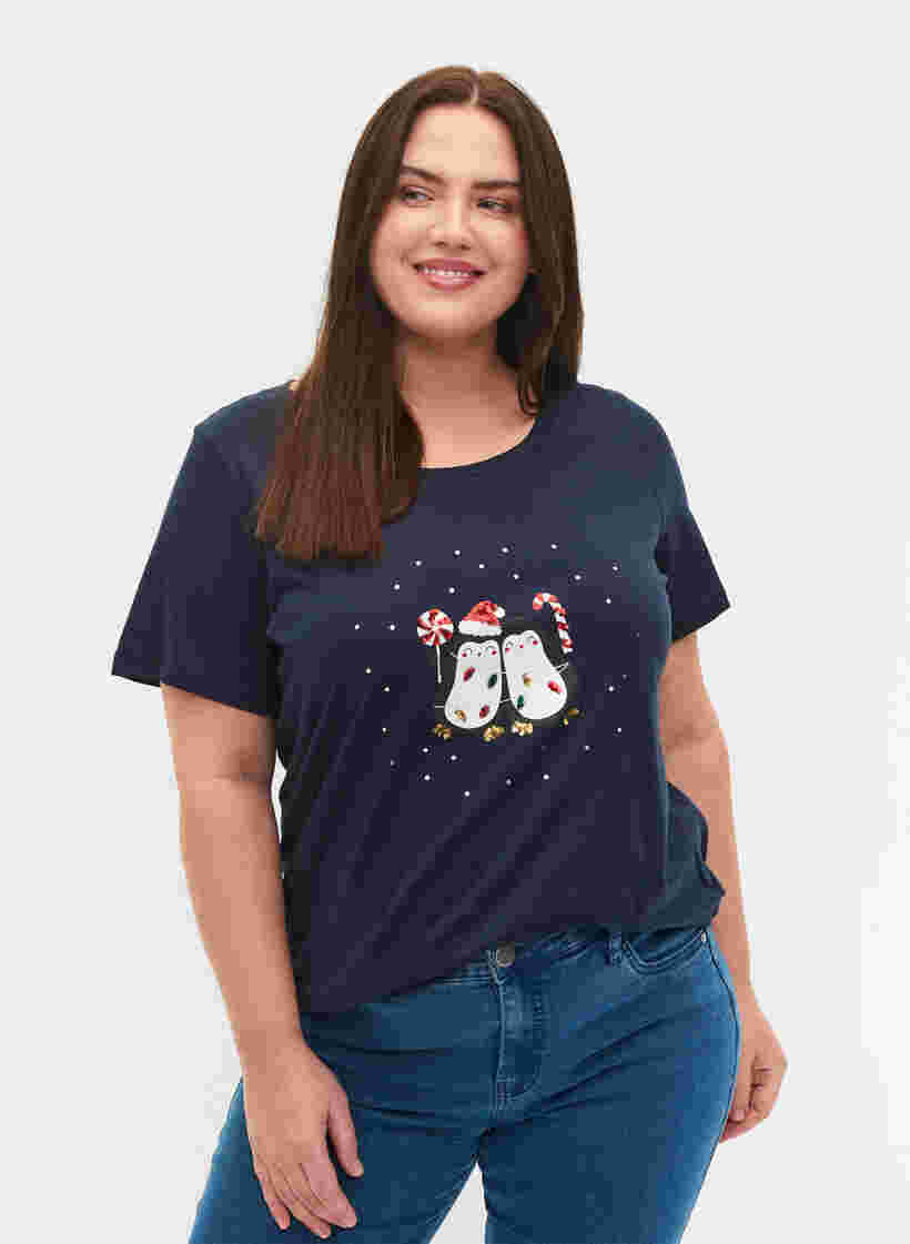 Kerst t-shirt in katoen, Navy Blazer Penguin, Model image number 0