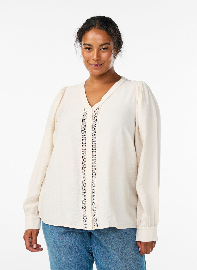Blouse met V-hals en geborduurde banden, Beige, Model image number 0