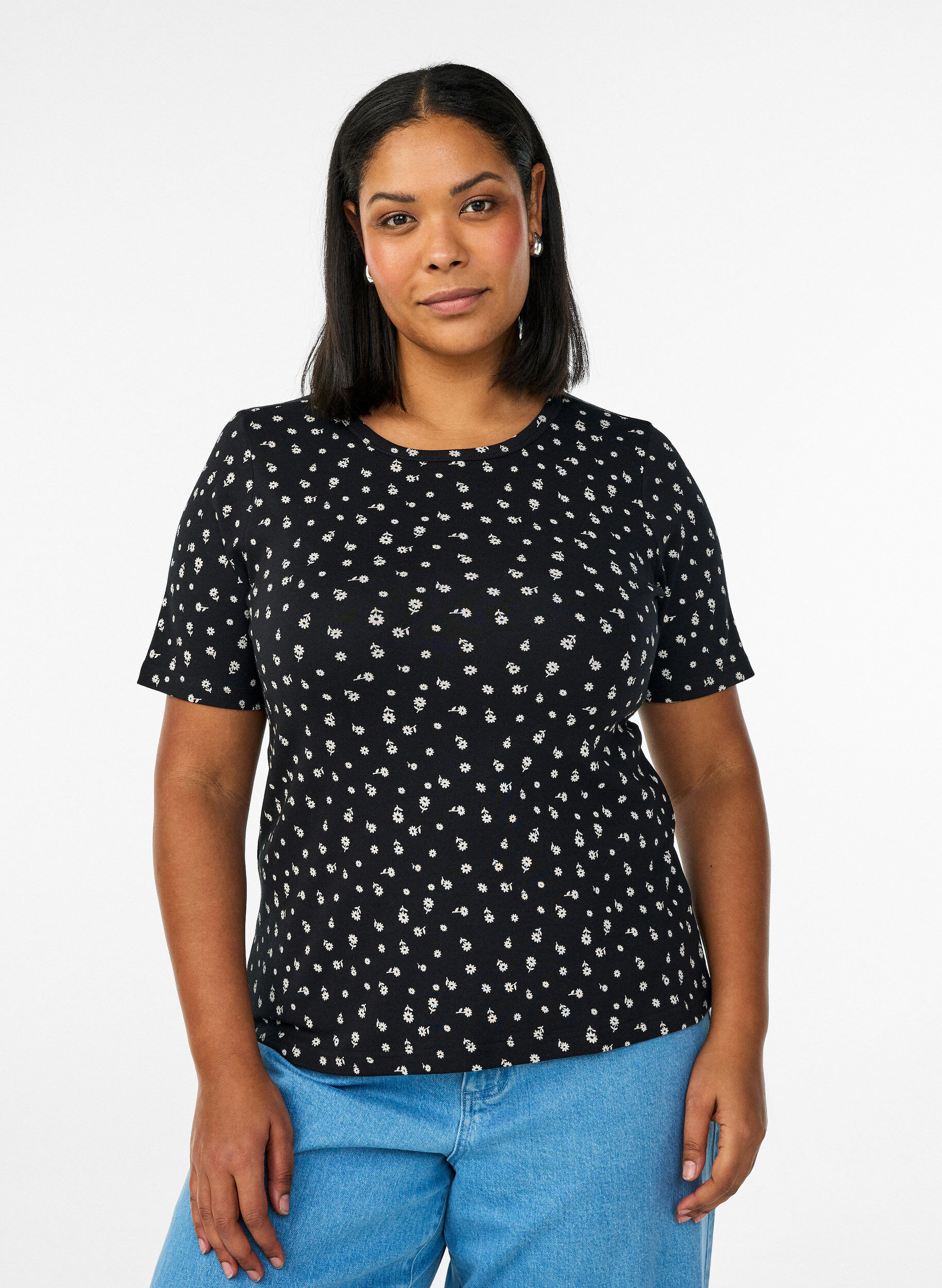 Zizzi Katoenen T-shirt met all-over print, Zwart, Model image number 0