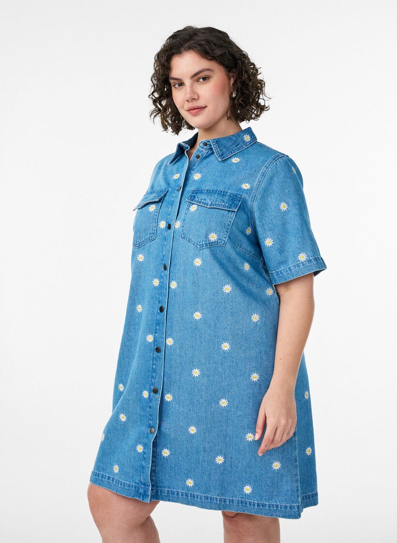 Korte denim jurk met geborduurde bloemen, Blauw, Model image number 0