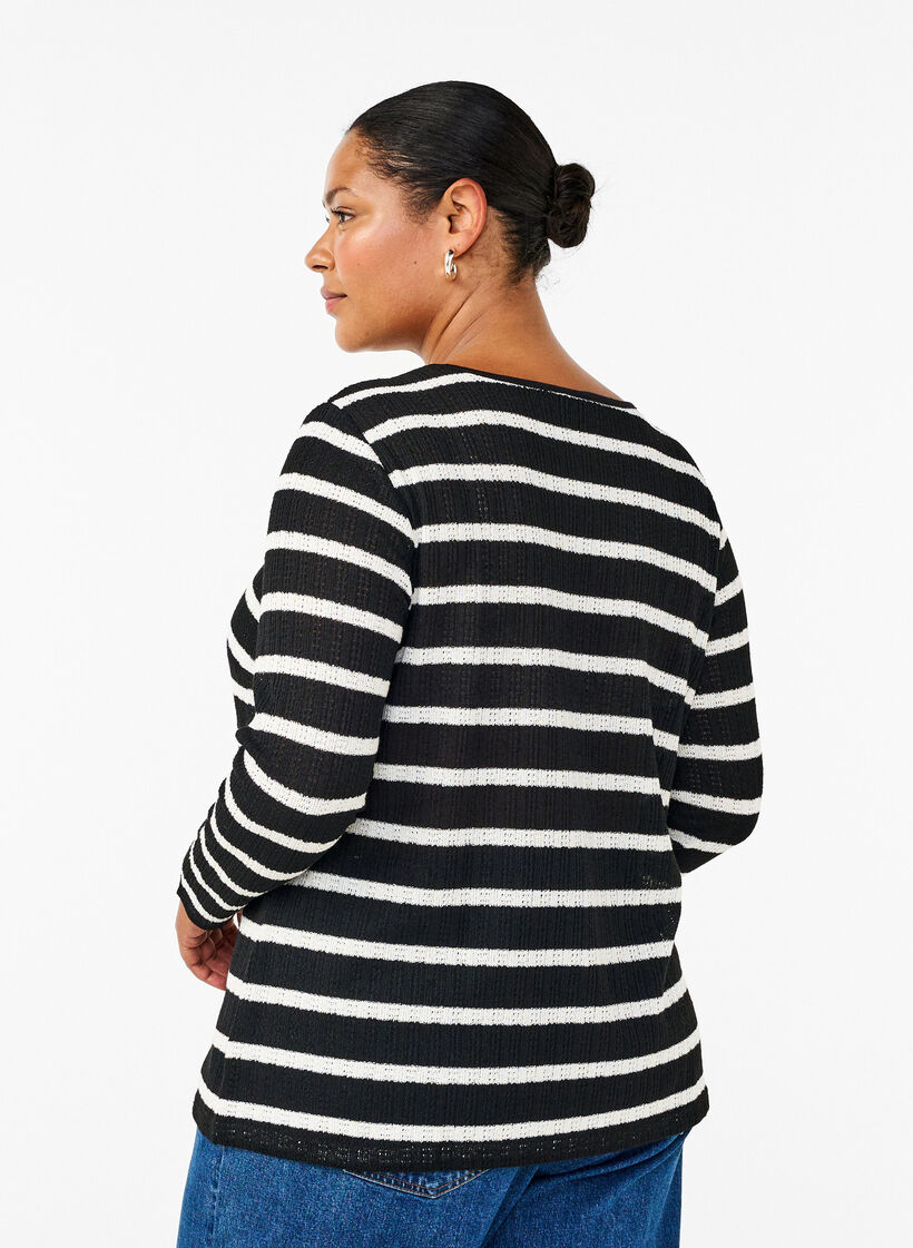 Blouse met strepen en lange mouwen, Black Sand Stripe, Model image number 1