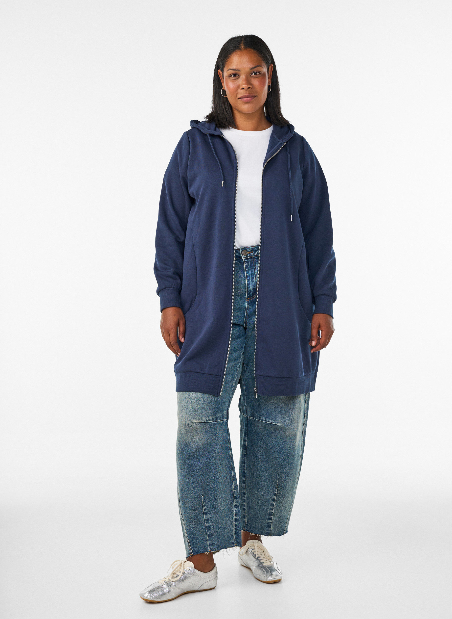 ZizziLange hoodie met ritssluiting en zakken, Blauw, Model image number 1
