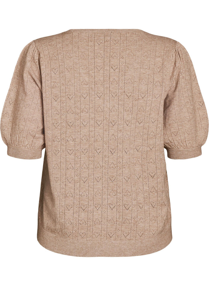 Gebreide blouse met korte mouwen en pointellepatroon, Beige, Packshot image number 1