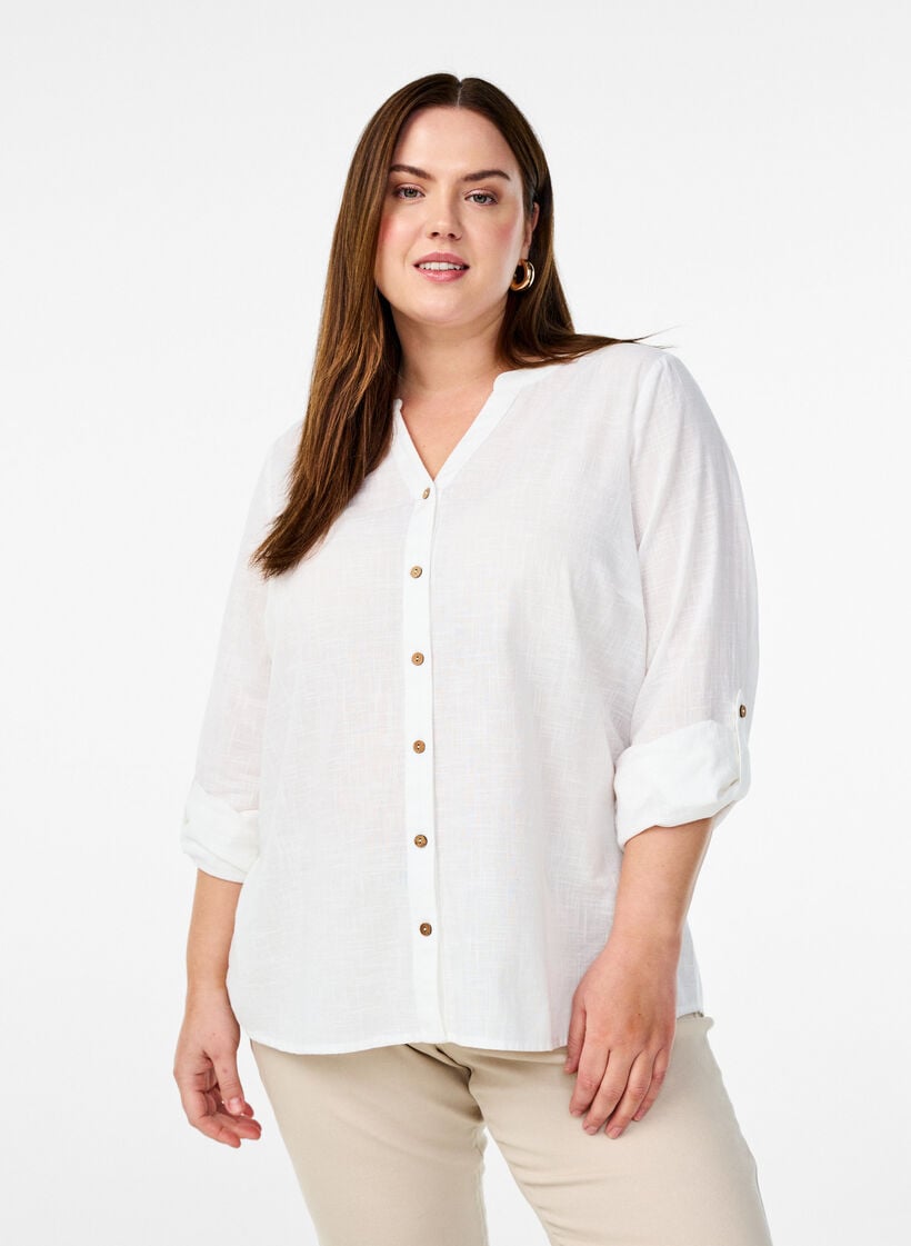 Katoenen blouse met een V-hals, Wit, Model image number 0