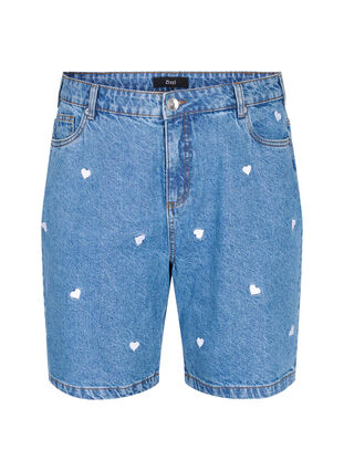 Korte spijkerbroek met hoge taille en geborduurde hartjes, Light Blue Heart, Packshot image number 0