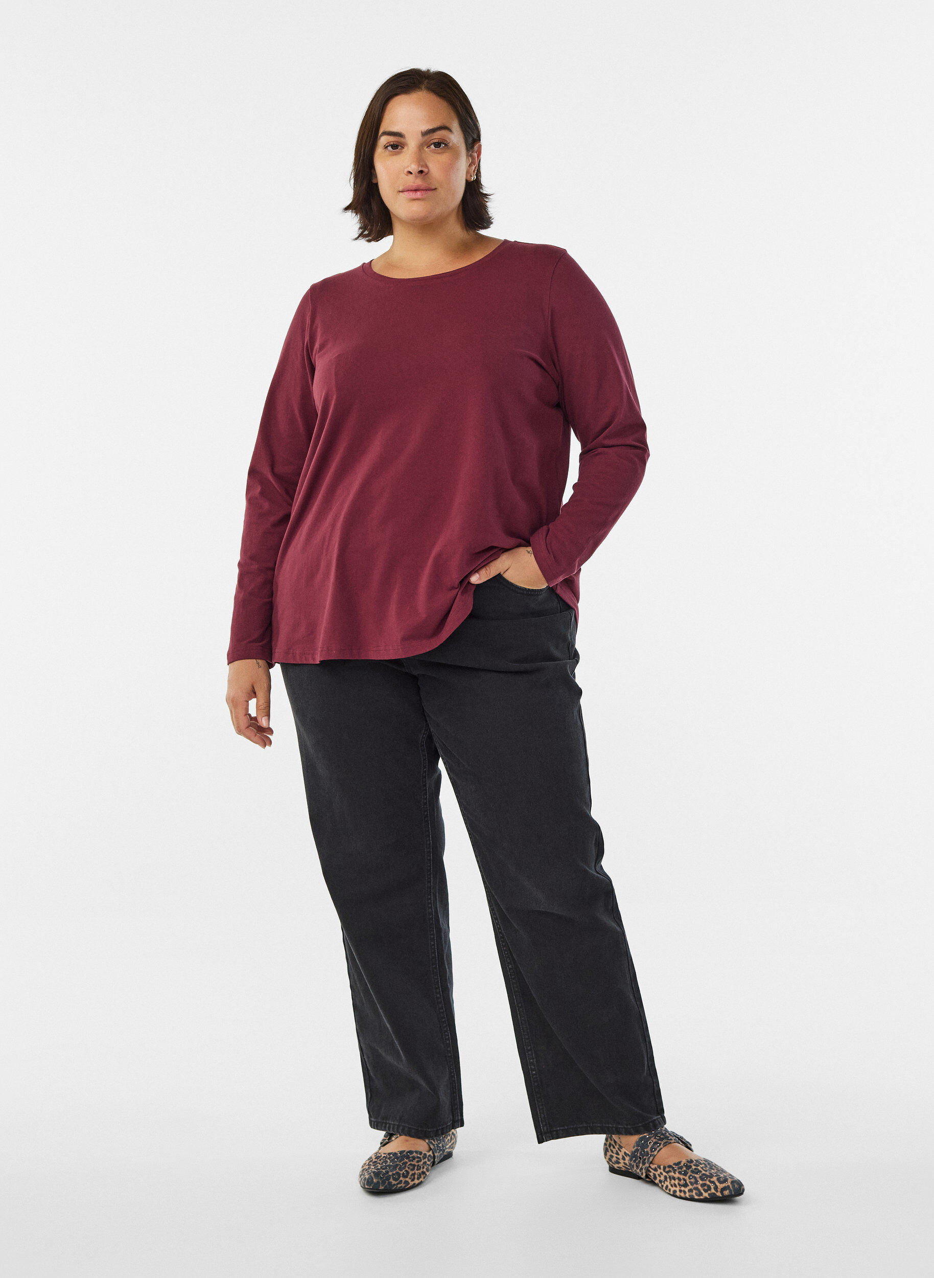 ZizziBasic jerseyblouse met lange mouwen, Donker Bordeaux, Model image number 1
