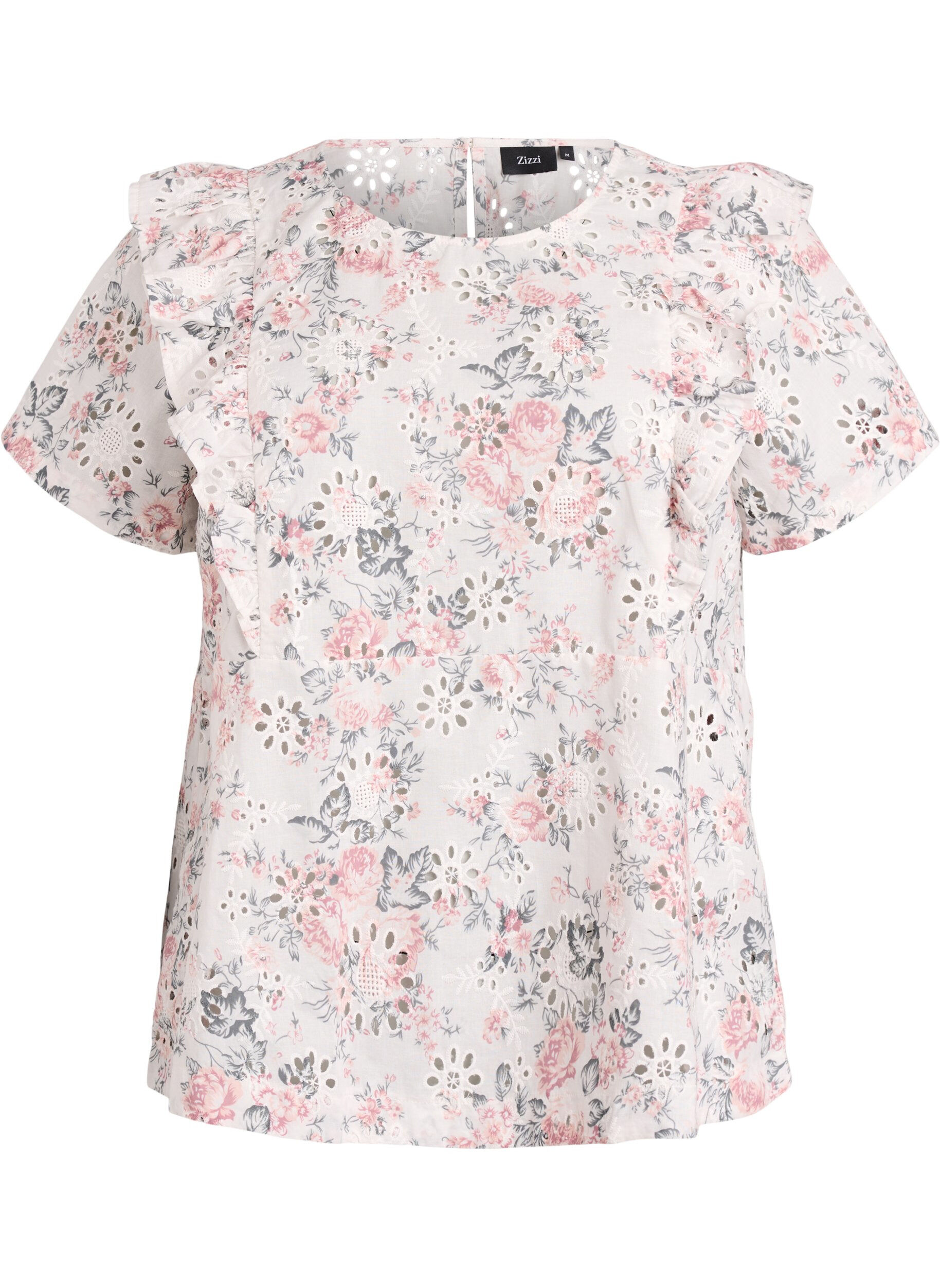 ZizziKatoenen blouse met broderie anglaise en ruches, Rood, Packshot image number 0