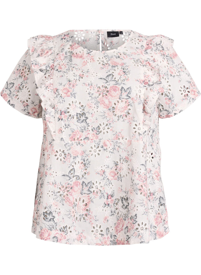Katoenen blouse met broderie anglaise en ruches, Rood, Packshot image number 0