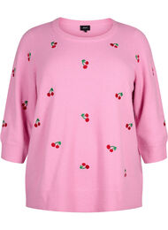 Gebreide blouse met 3/4 mouwen en kersen, B.Pink/Wh.Mel/Cherry