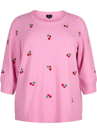 Gebreide blouse met 3/4 mouwen en kersen, B.Pink/Wh.Mel/Cherry, Packshot image number 0