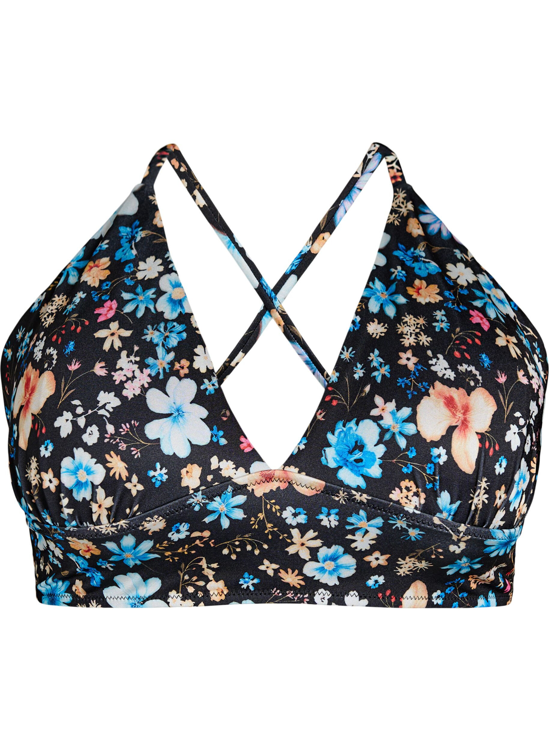 Zizzi Bloemenbikini top met striksluiting aan de achterkant, Blauw, Packshot image number 0
