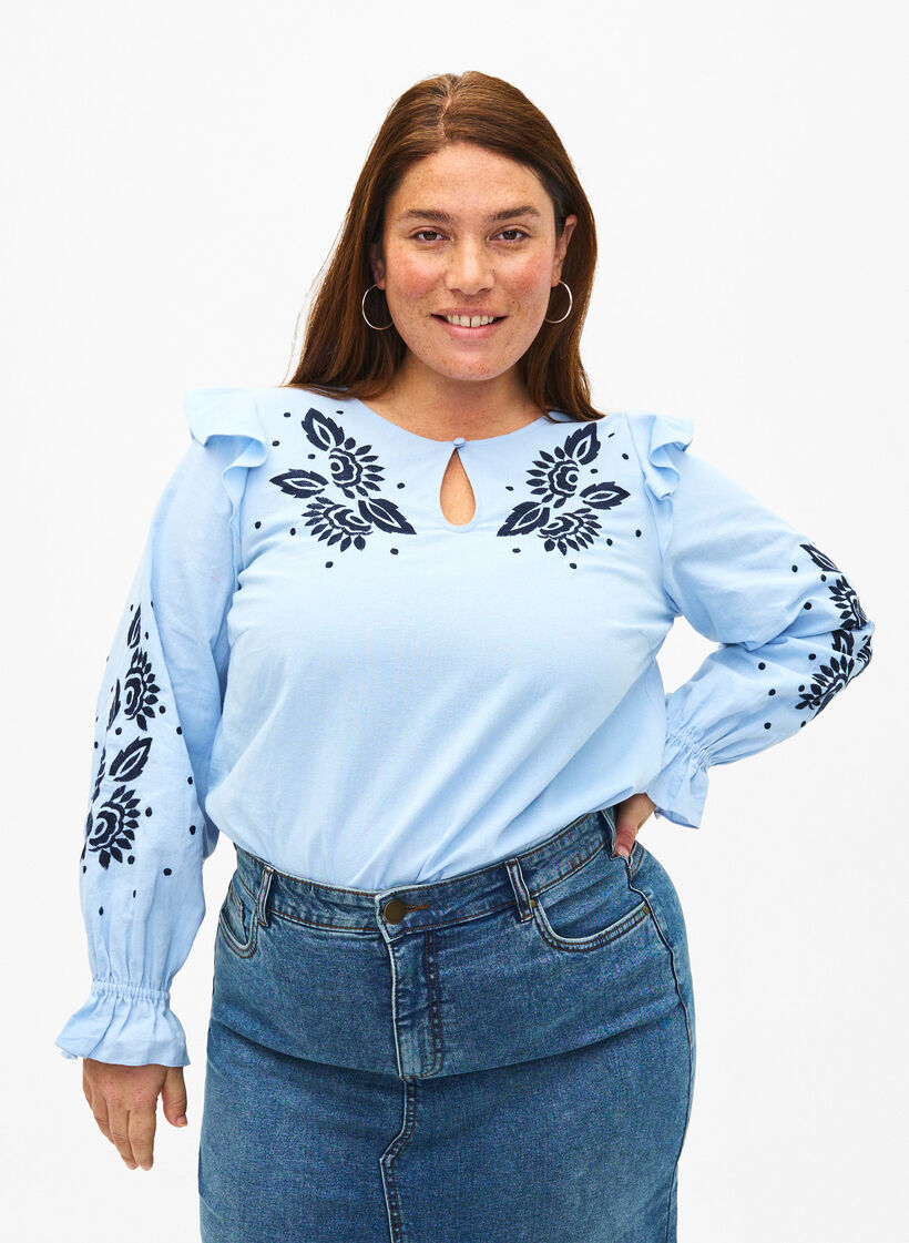 Katoenen blouse met borduursel en ruches, Blauw, Model image number 0