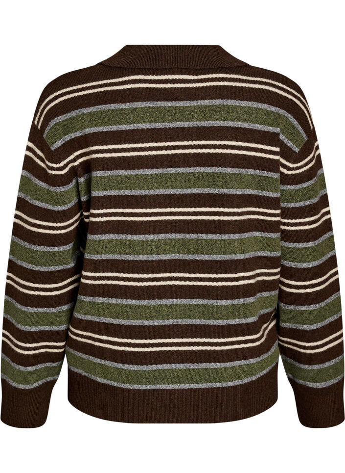 Gebreide blouse met strepen en polokraag, Bruin, Packshot image number 1