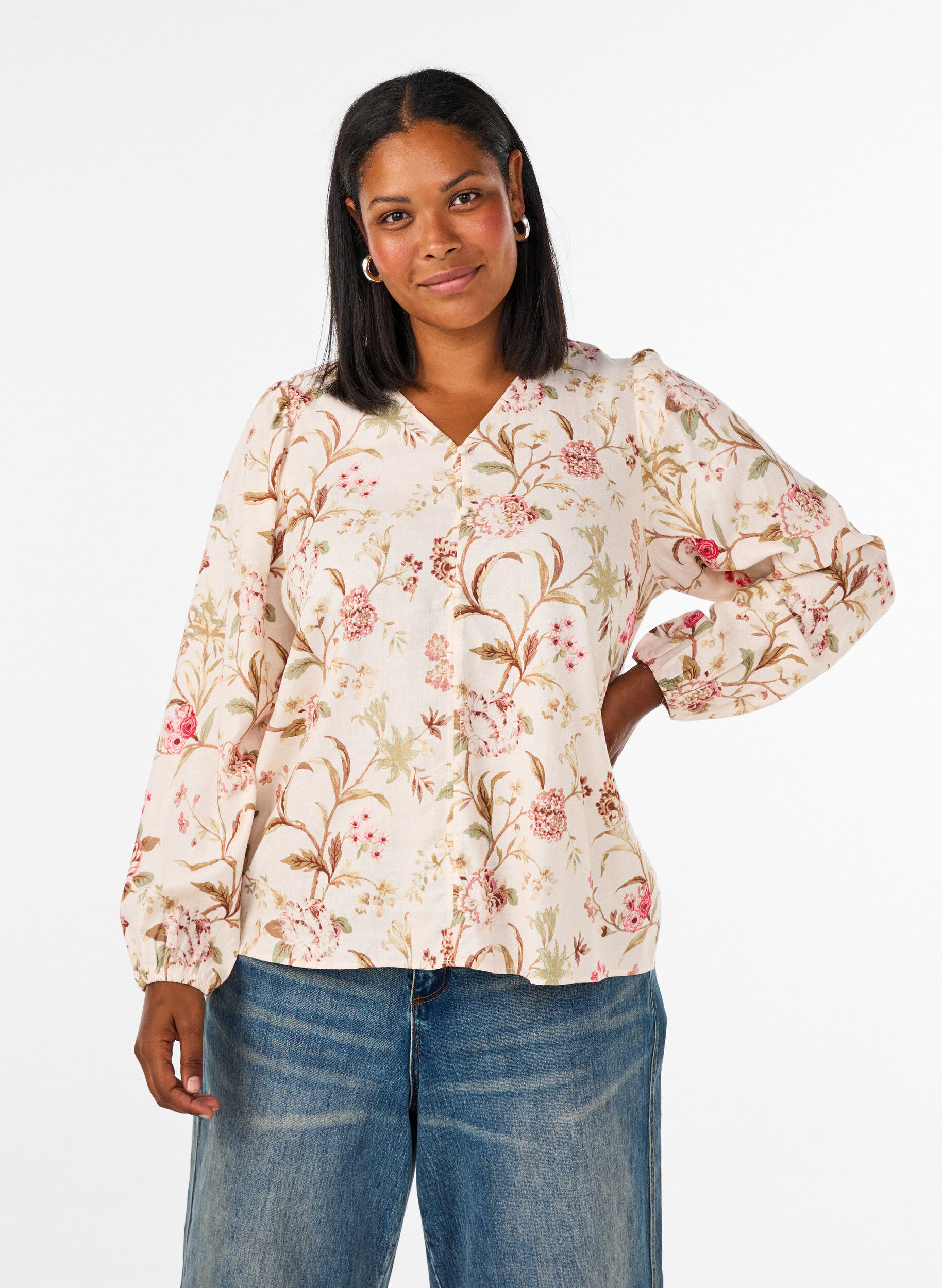 ZizziGebloemde blouse van linnen en viscose met lange mouwen, Vanille, Model image number 0
