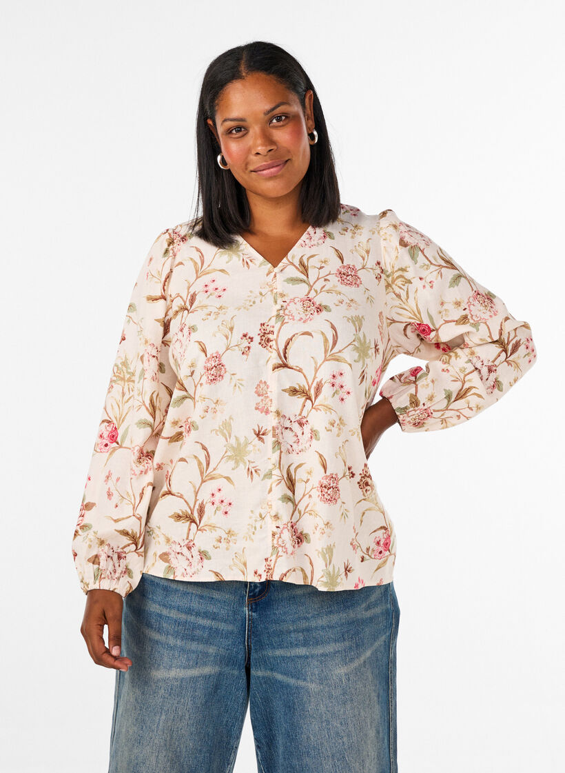 Gebloemde blouse van linnen en viscose met lange mouwen, Vanille, Model image number 0