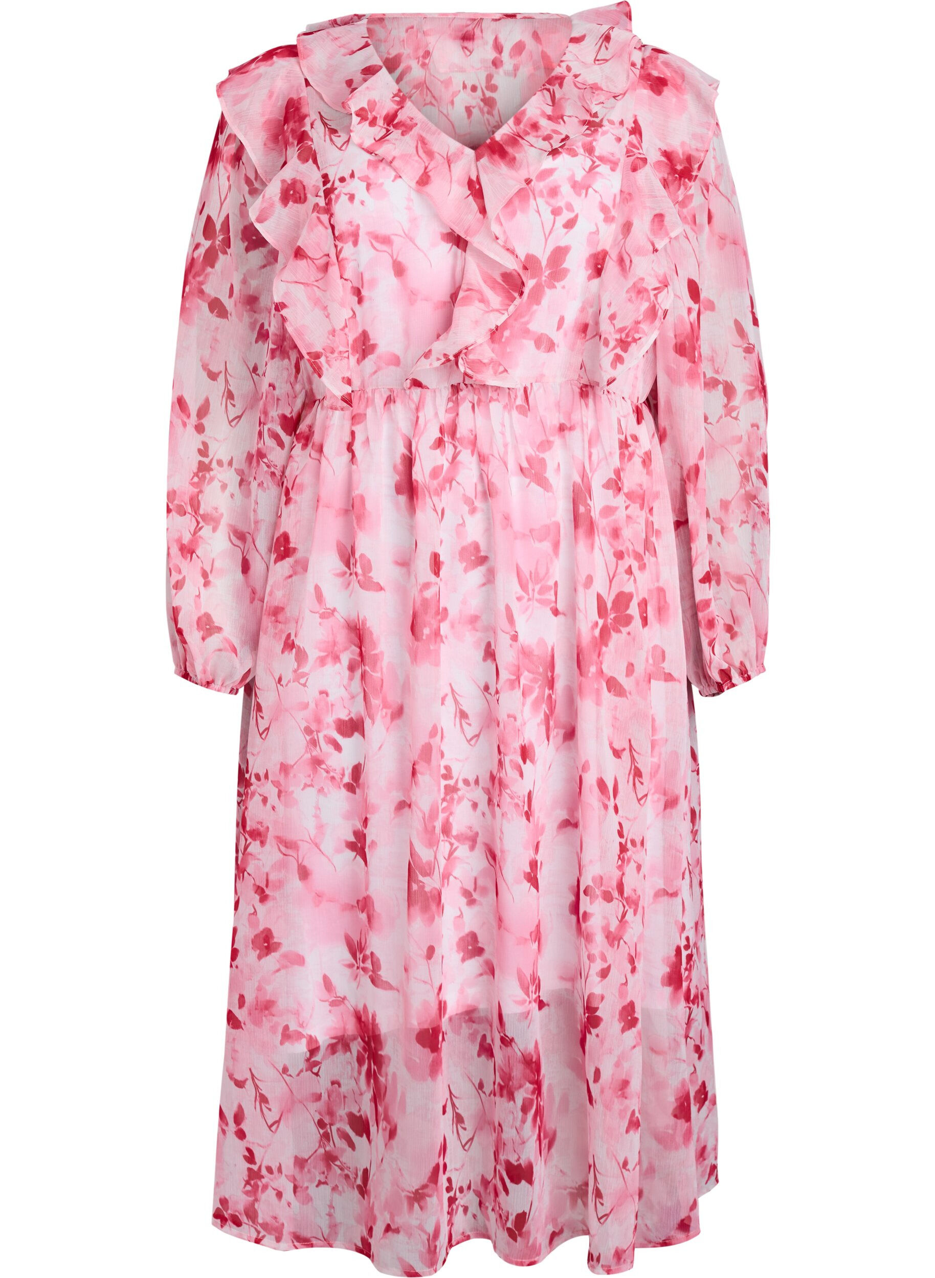 Zizzi Chiffonjurk met bloemenprint, ruches en lange mouwen, Roze, Packshot image number 0