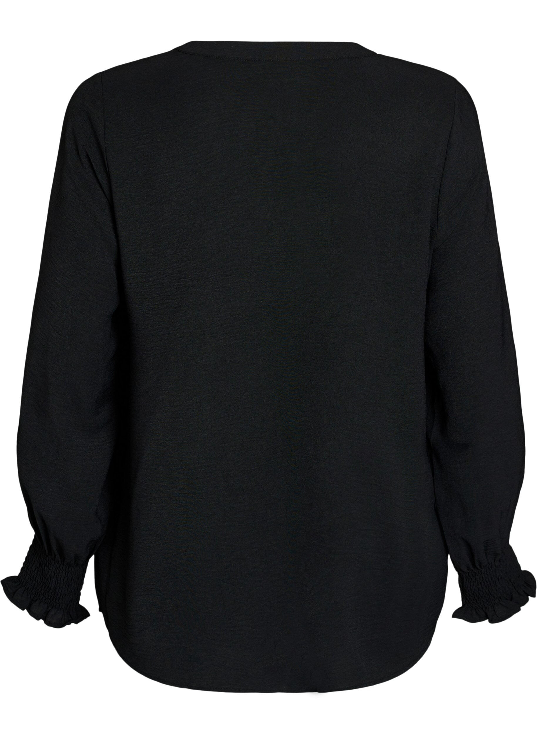Zizzi Blouse met smockmanchetten en V-hals, Zwart, Packshot image number 1