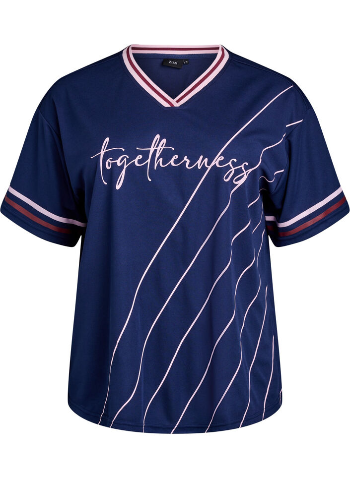 Sportief T-shirt met strepen en tekstmotief, Blauw, Packshot image number 0