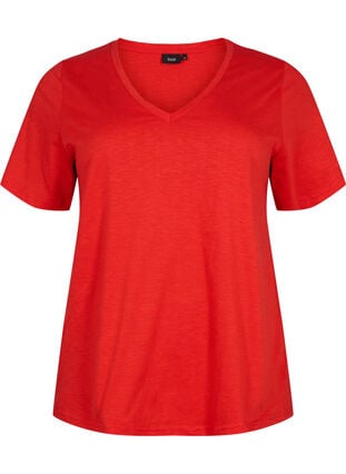 Basic t-shirt met korte mouwen en V-hals, Flame Scarlet, Packshot image number 0