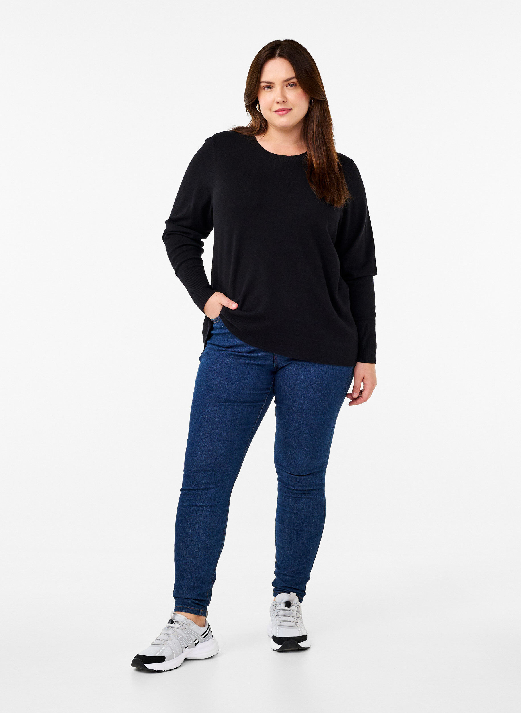ZizziGebreide blouse met ronde hals, Zwart, Model image number 1