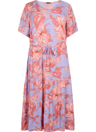 Midi-jurk van viscose met korte mouwen en bloemenprint, Lavender Flower, Packshot image number 0