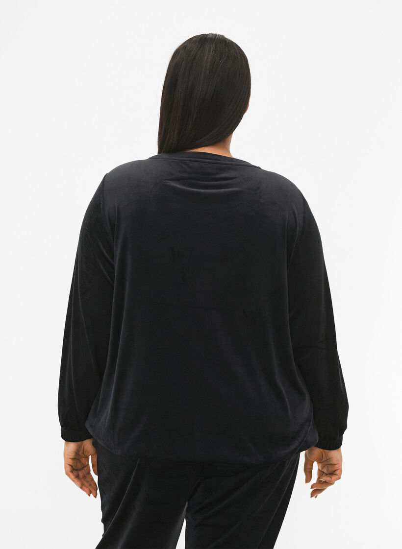 Velour Blouse met geborduurd tekst, Black, Model image number 1