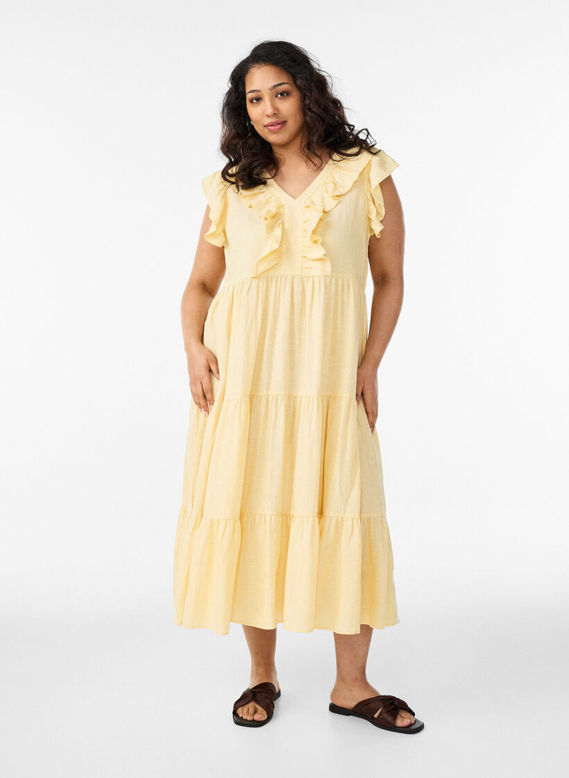 Mouwloze midi jurk in linnen en viscose met ruches, Geel, Model image number 0