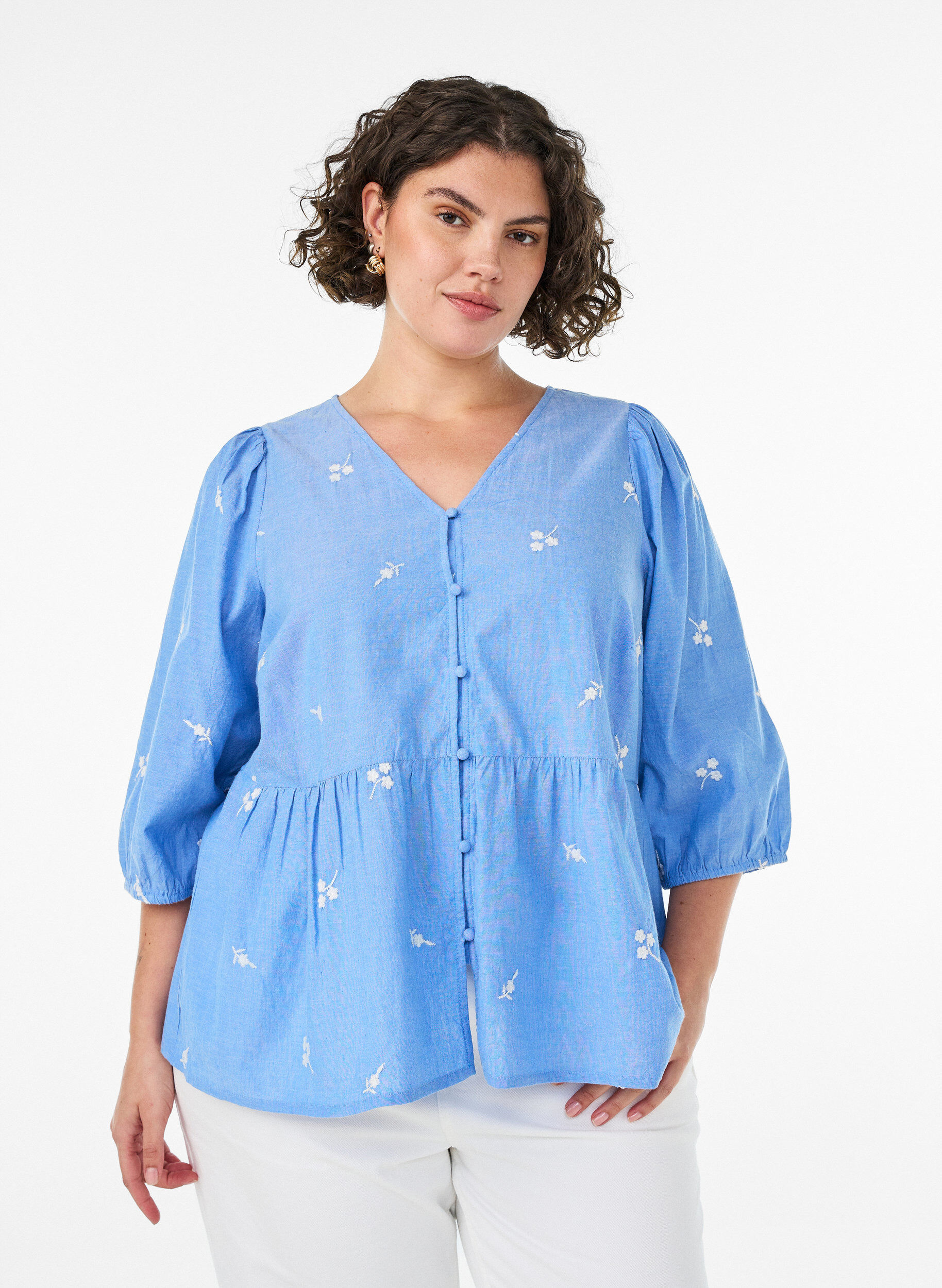 ZizziKatoenen blouse met geborduurde bloemen en knoopsluiting, Blauw, Model image number 0