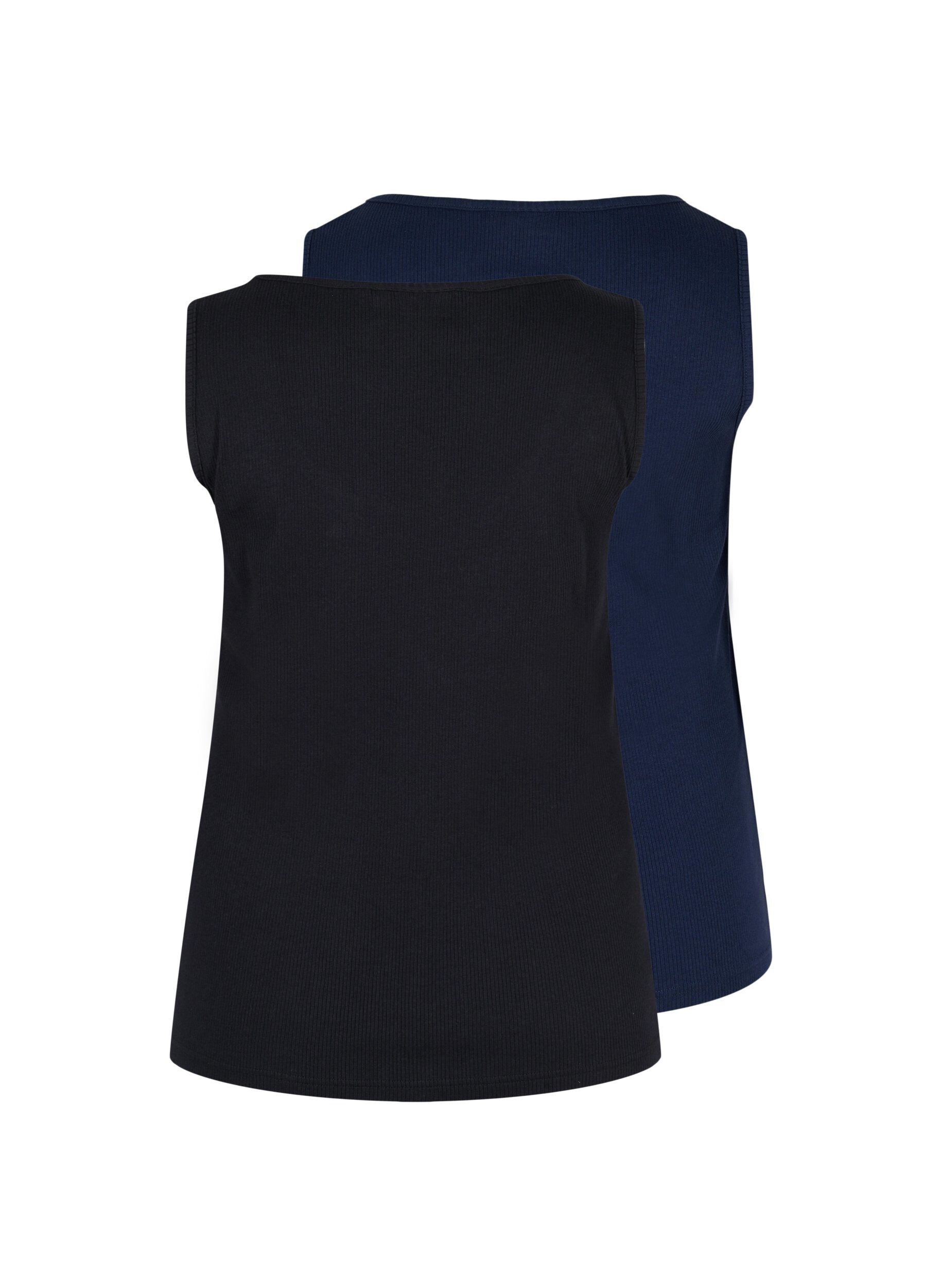 Zizzi 2-pack basic tanktops in rib, Black/Navy Blazer, Packshot image number 1